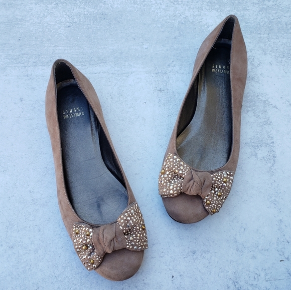 Stuart Weitzman Suede Embellished Bow Ballet Flats Sz 7.5 - Picture 2 of 6